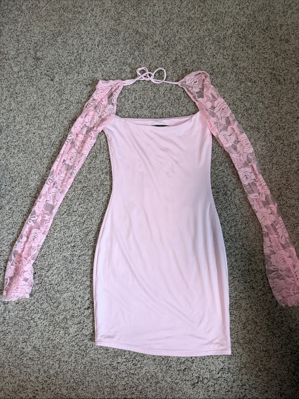 Lucy in the Sky Pink Lace-Sleeve Halter Bodycon Dress